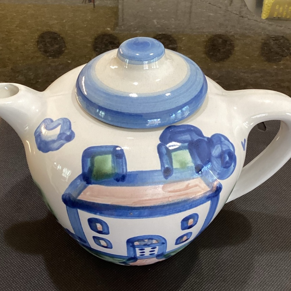 M A Hadley Hand painted stoneware Country Farm House Whimsical Teapot vintage